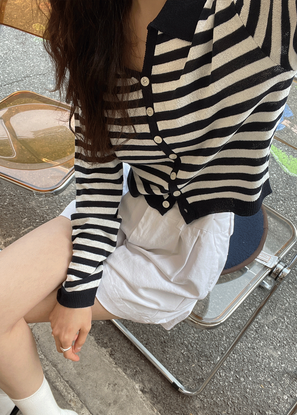 Collar stripe crop cardigan